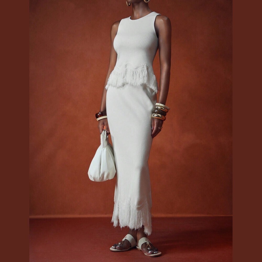Ivory Ribbed Knit Fringe Hem Sleeveless Top and Slim Maxi Skirt Set